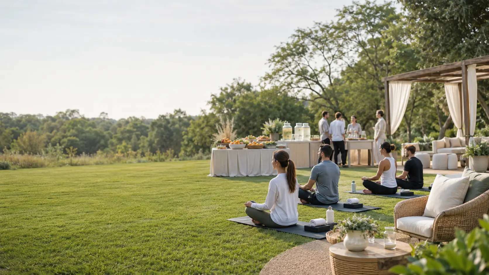 Corporate wellness retreat with yoga mats, hydration, healthy snacks, and calm event seating