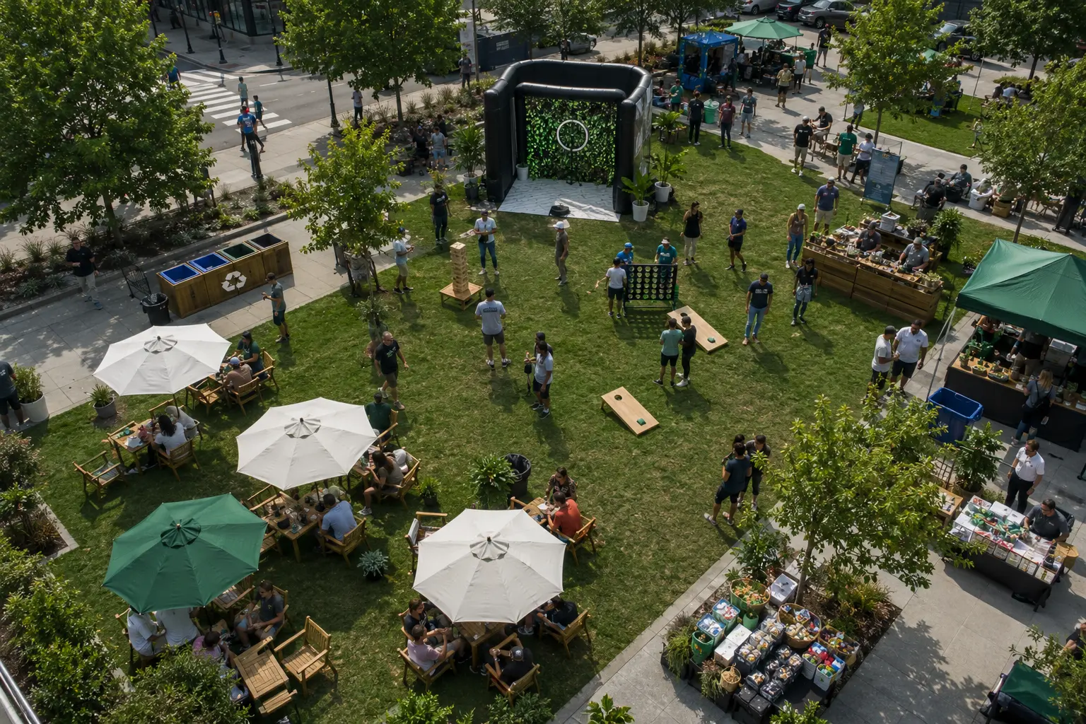 Eco-conscious Philadelphia event layout with party rentals and organized activity zones