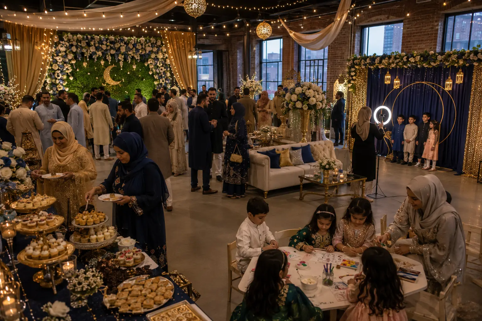 Eid celebration rentals in Philadelphia with family activities and photo area