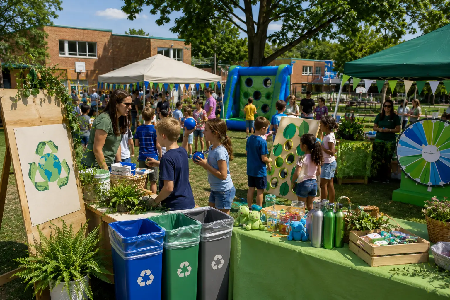 Green school event rentals in Philadelphia with carnival games and recycling stations