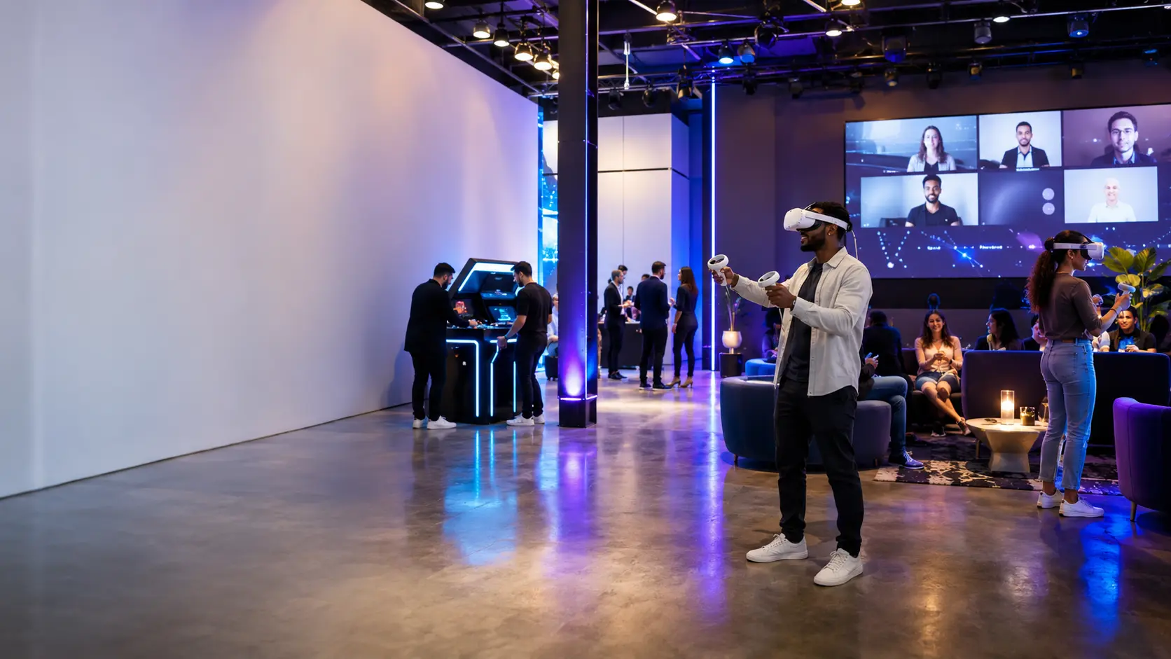 Hybrid VR event experience with guests using virtual reality and interactive arcade rentals