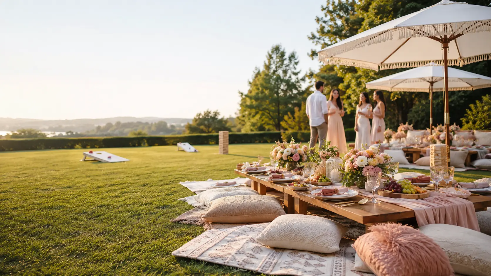 Luxury pop-up picnic rentals with elegant low tables, pillows, flowers, and lawn games