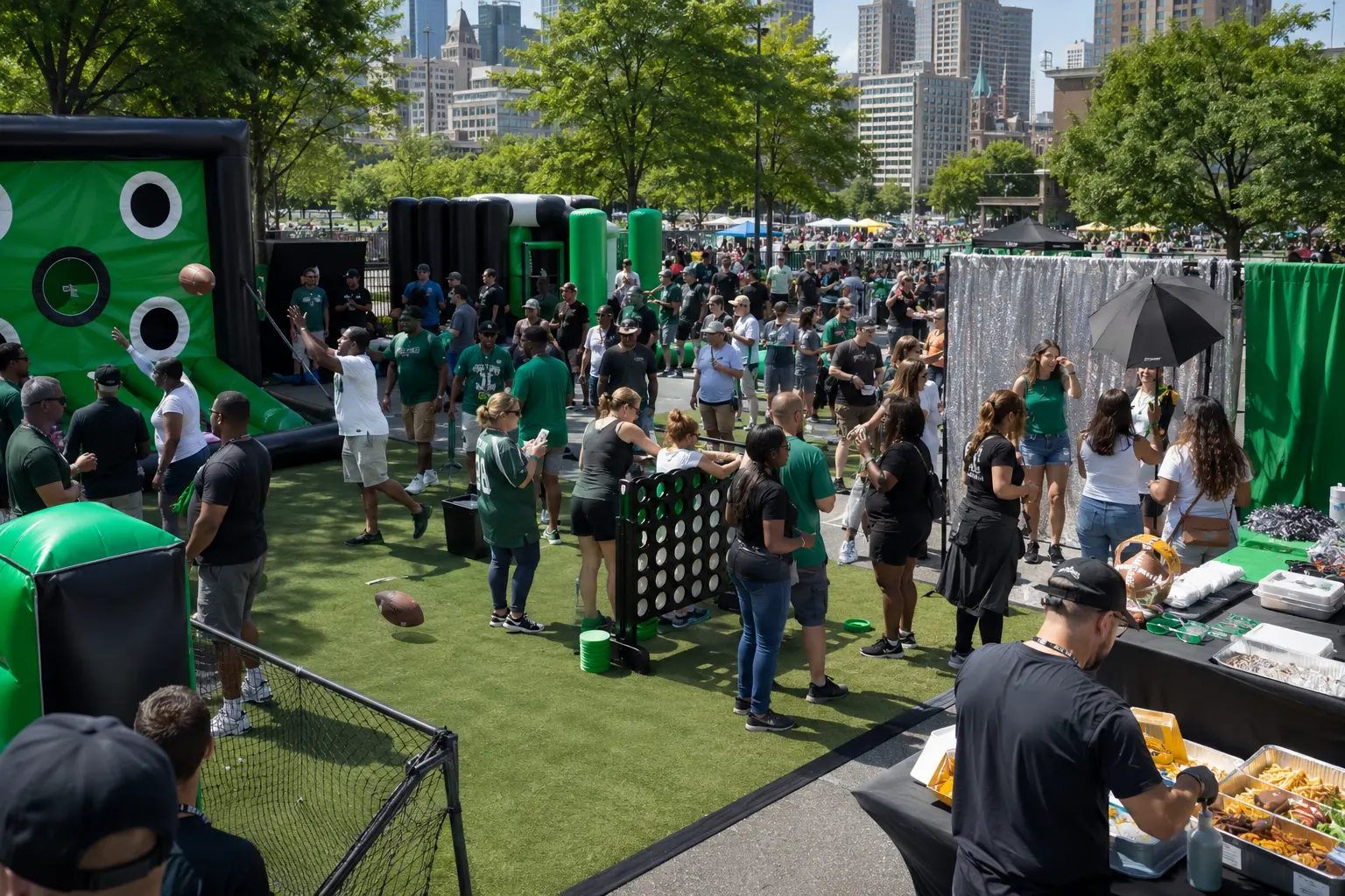 Philadelphia sports fan zone rentals with games and photo booth setup