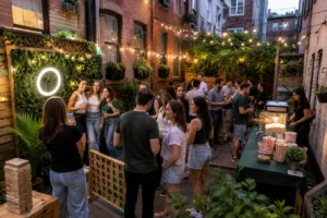 Philly rowhouse backyard party rentals with compact games and photo area