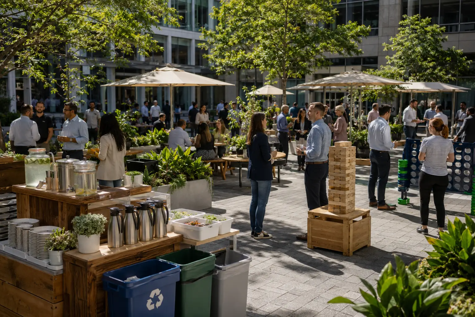 Sustainable corporate event in Philadelphia with games and eco-friendly setup