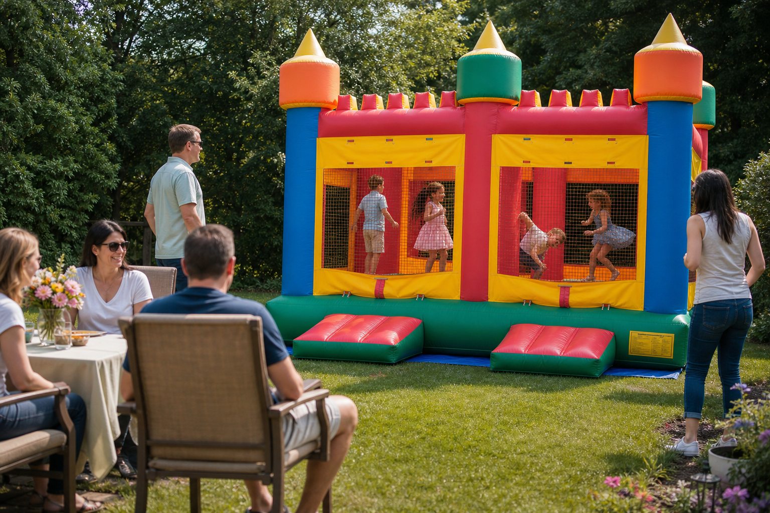 Blue Bell PA backyard birthday with children using colorful castle bounce houses