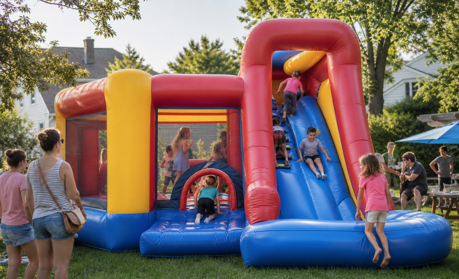 Children using a Disney-style inflatable combo at a Blue Bell birthday party