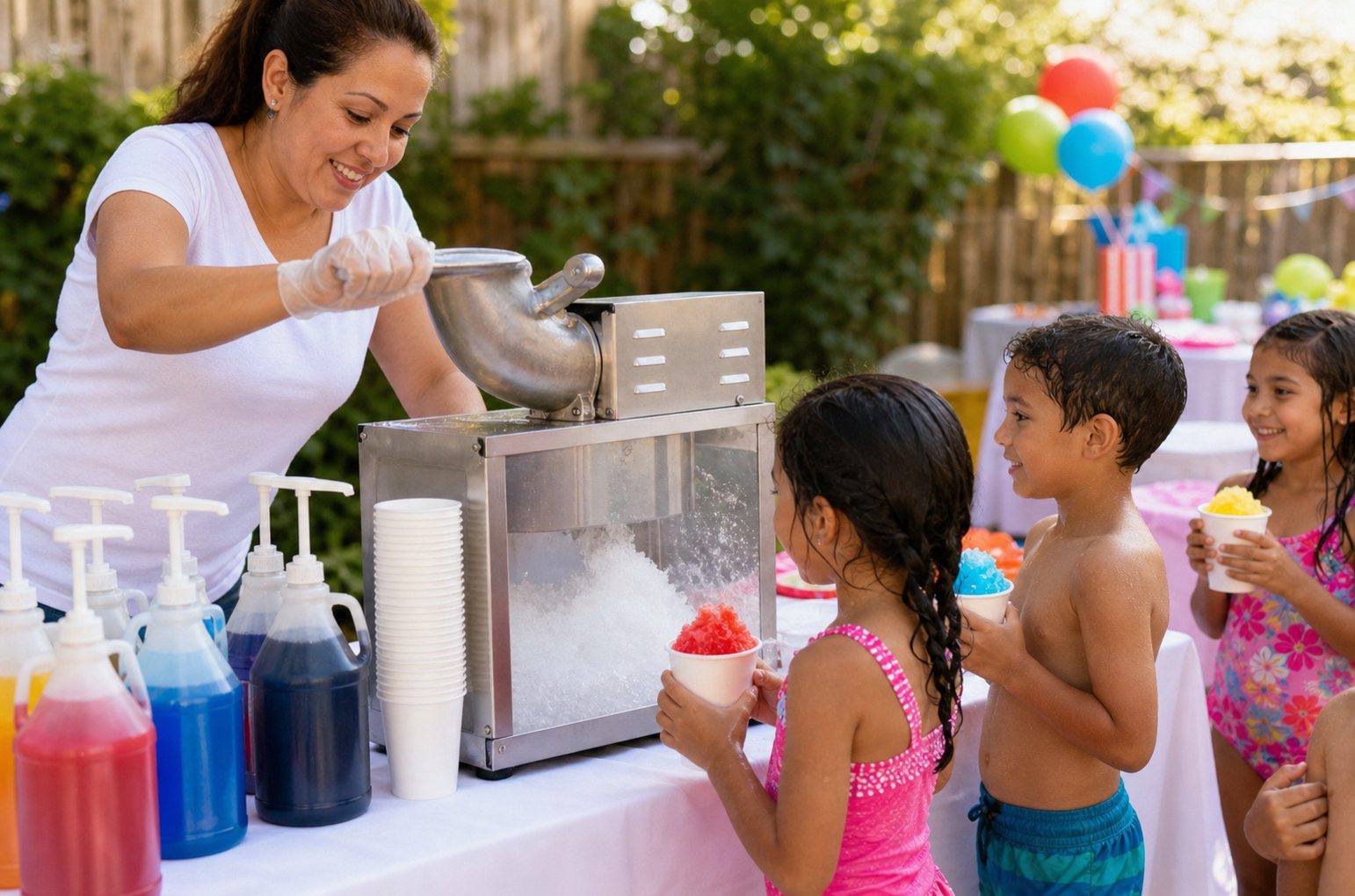 Snow cone station serving children at a Blue Bell backyard birthday