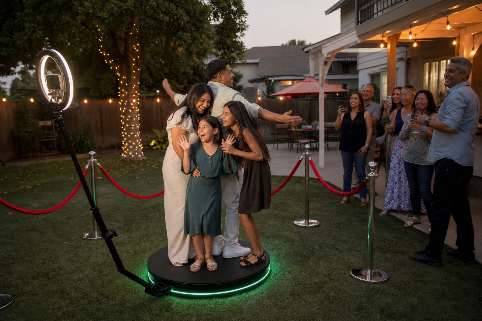 Family using a 360 video photo booth at a Blue Bell birthday party