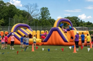 Students racing through an inflatable obstacle course at a Blue Bell school field day