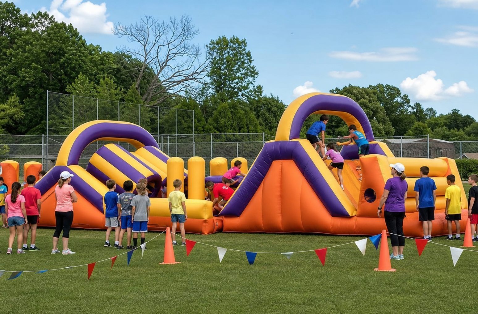 Students racing through an inflatable obstacle course at a Blue Bell school field day