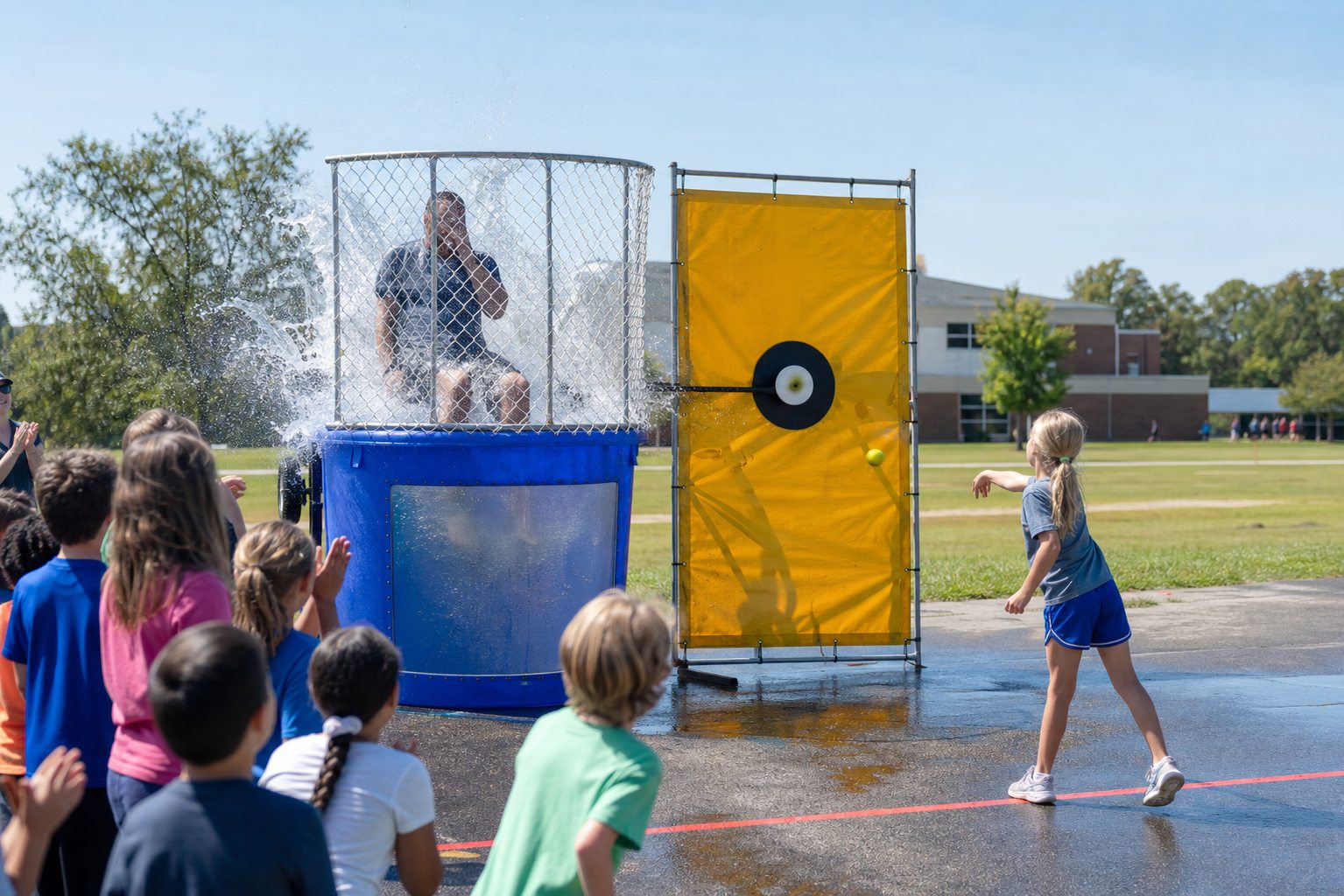 Student throwing at a supervised dunk tank during a Blue Bell field day