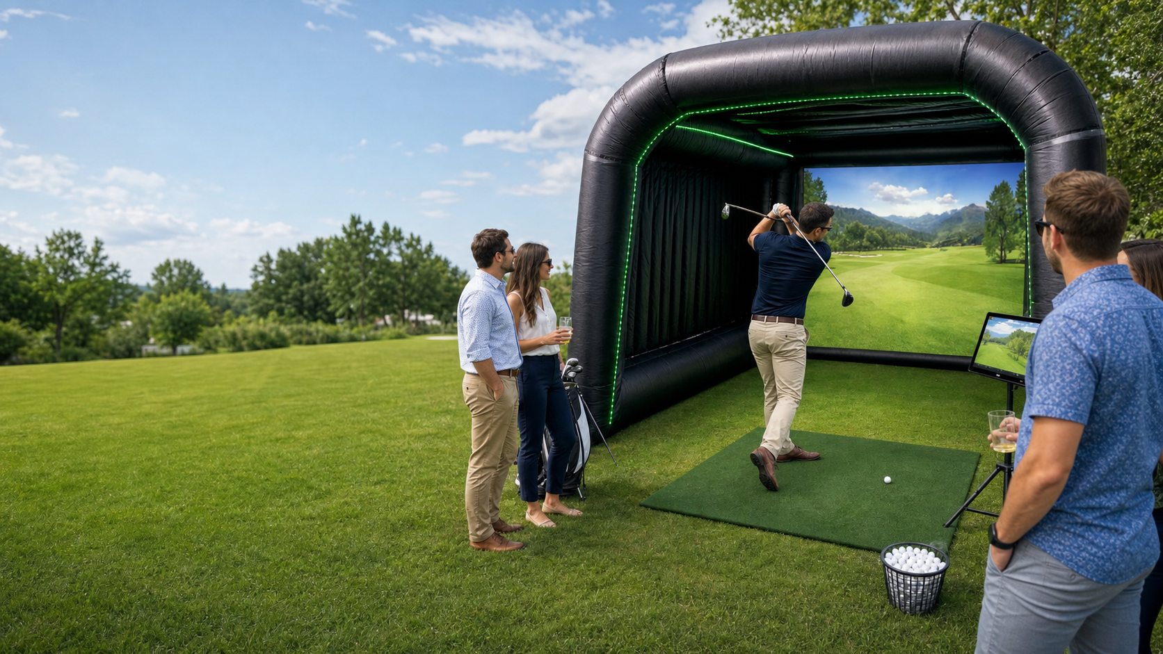 Coworkers using a golf simulator at a Blue Bell Pennsylvania corporate picnic