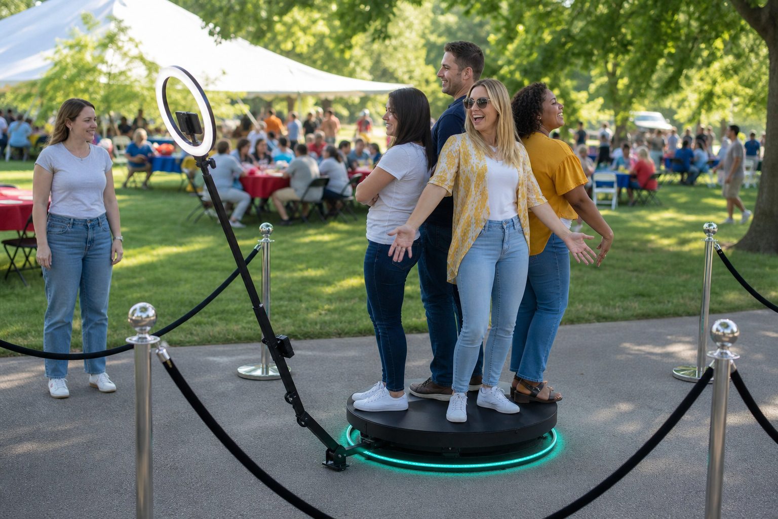 Coworkers posing on a 360 video photo booth at a Blue Bell corporate event