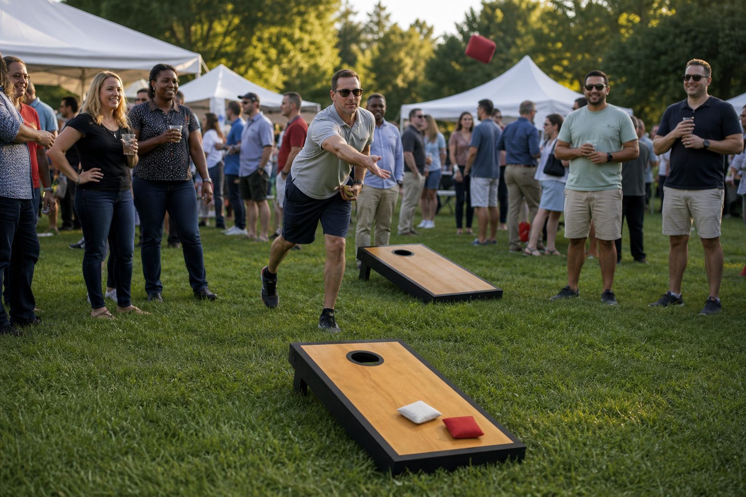 Adults playing cornhole at a Blue Bell PA company picnic
