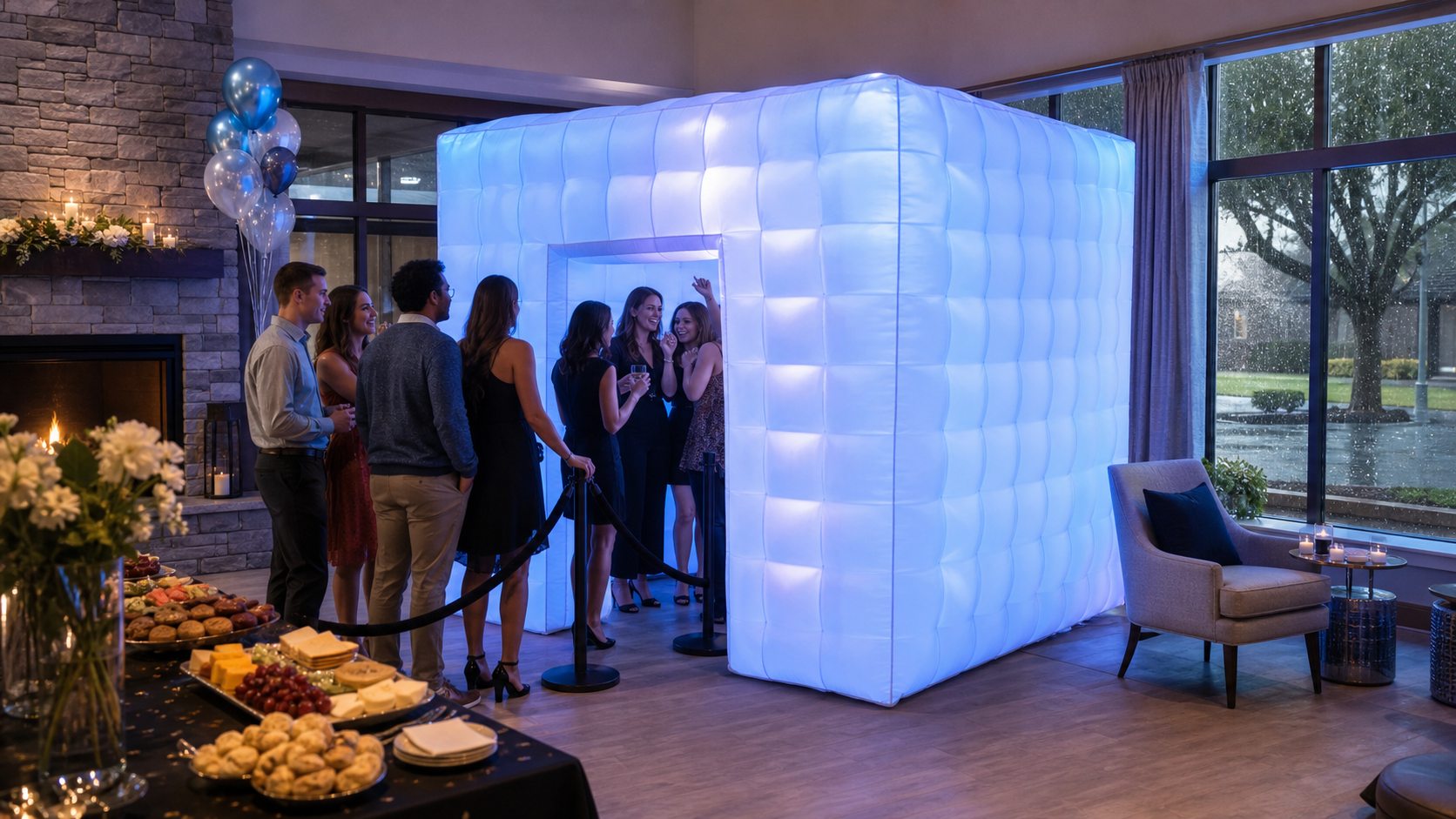 Guests using a glowing inflatable LED photo booth at an indoor Blue Bell party
