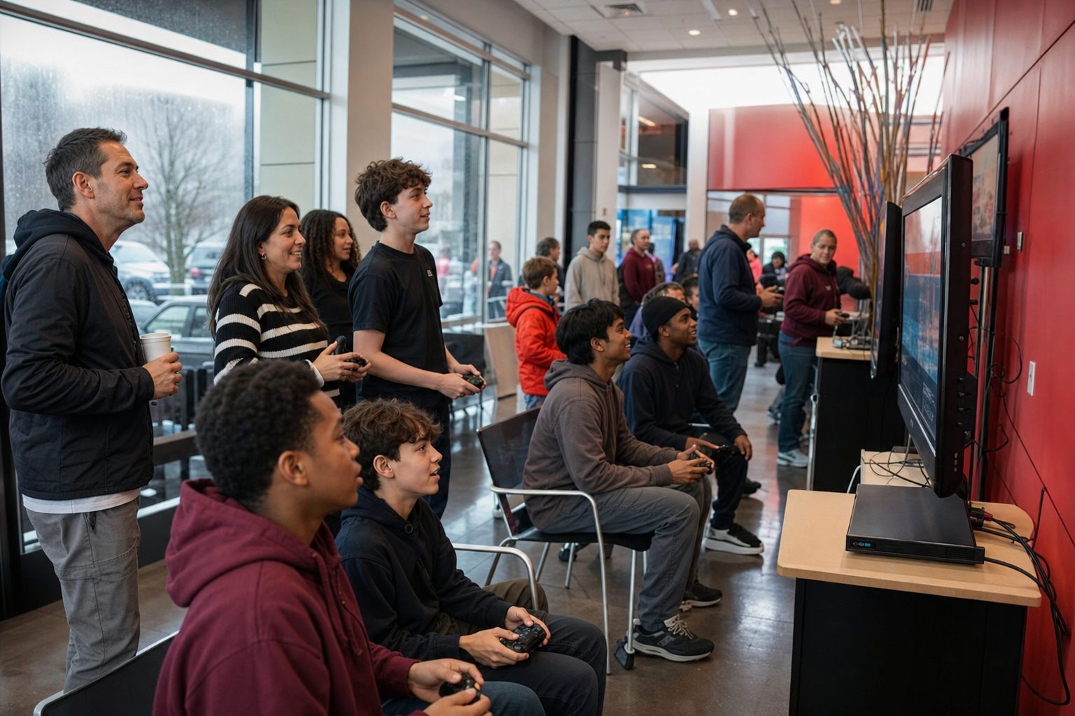 Teens playing a video arcade station at a rainy-day Blue Bell event