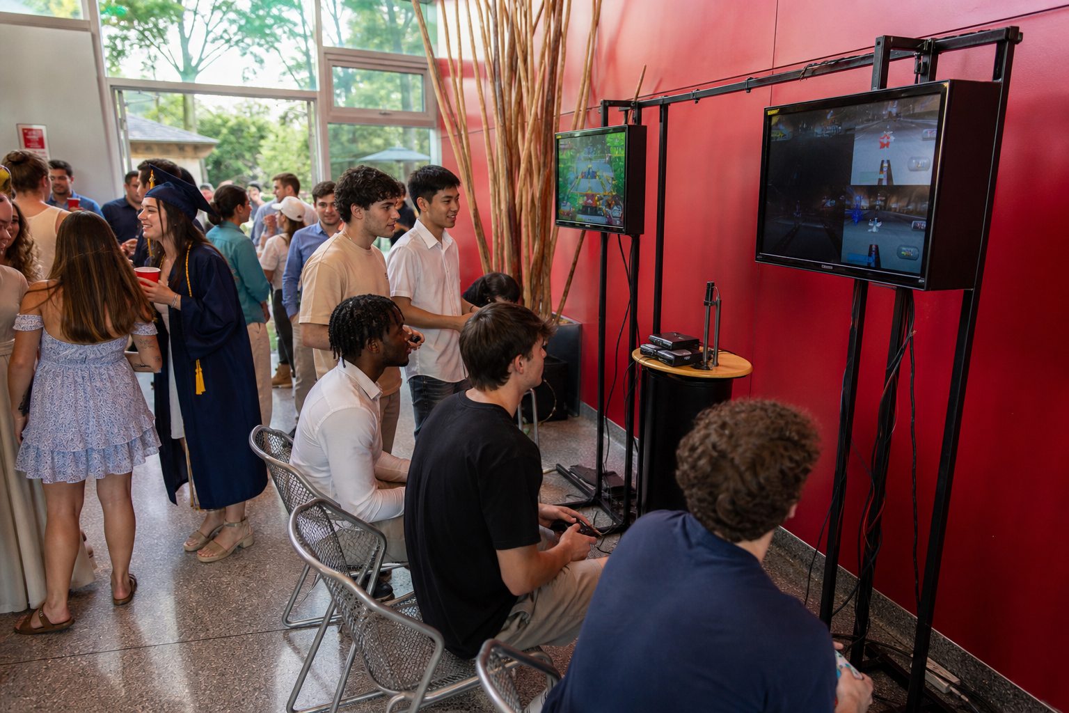 Graduates playing a multi-game arcade station in Blue Bell Pennsylvania