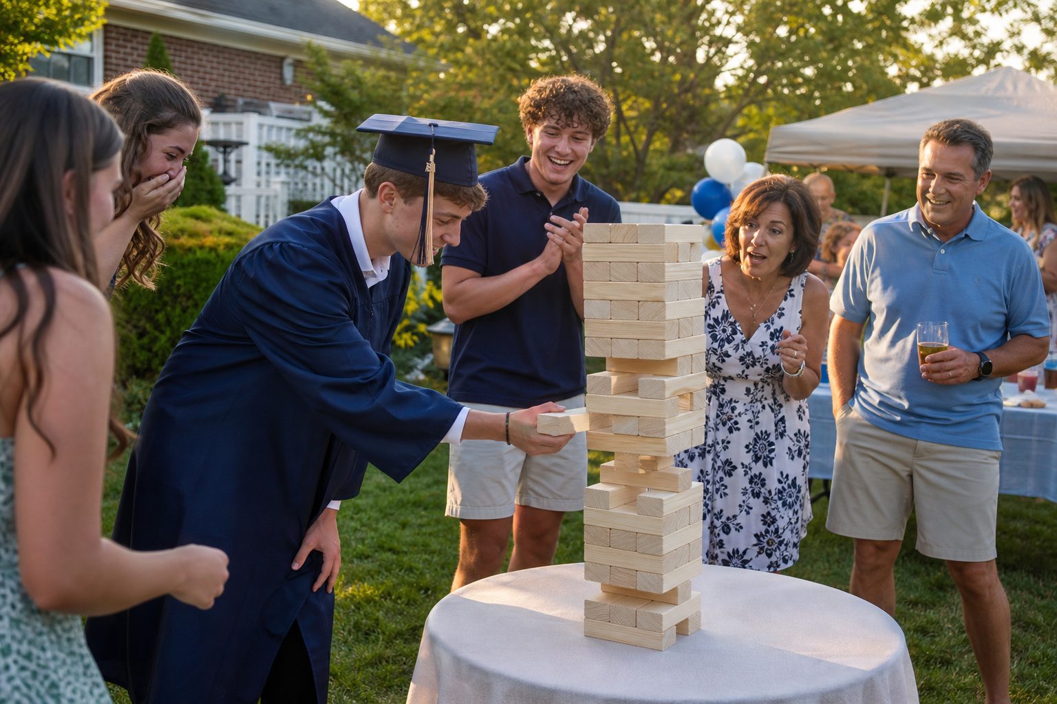 Graduate playing Giant Jenga with family at a Blue Bell backyard celebration