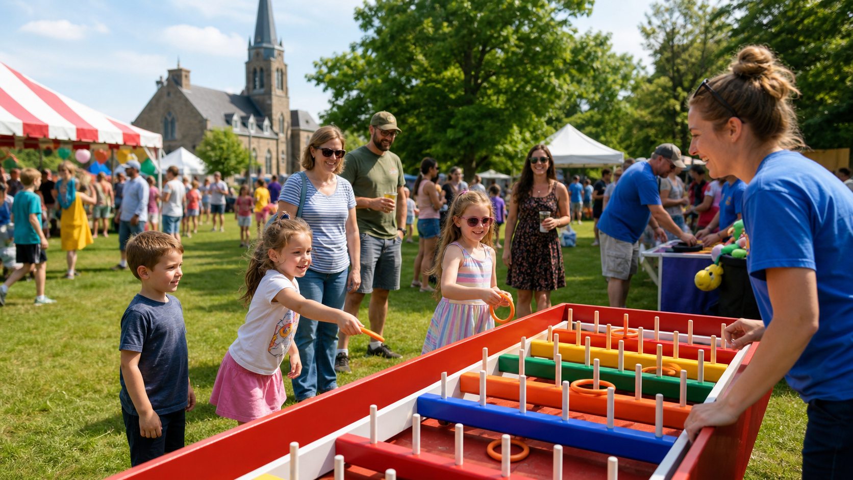 Families playing carnival booth games at a Blue Bell church carnival