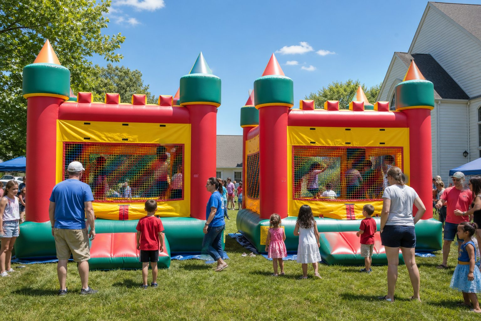 Children using colorful castle bounce houses at a Blue Bell community event