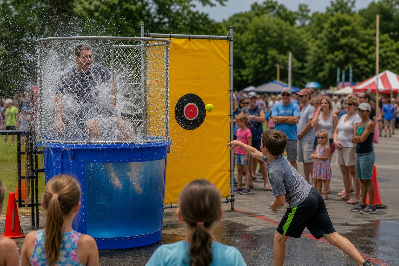 Child throwing at a supervised dunk tank during a Blue Bell carnival