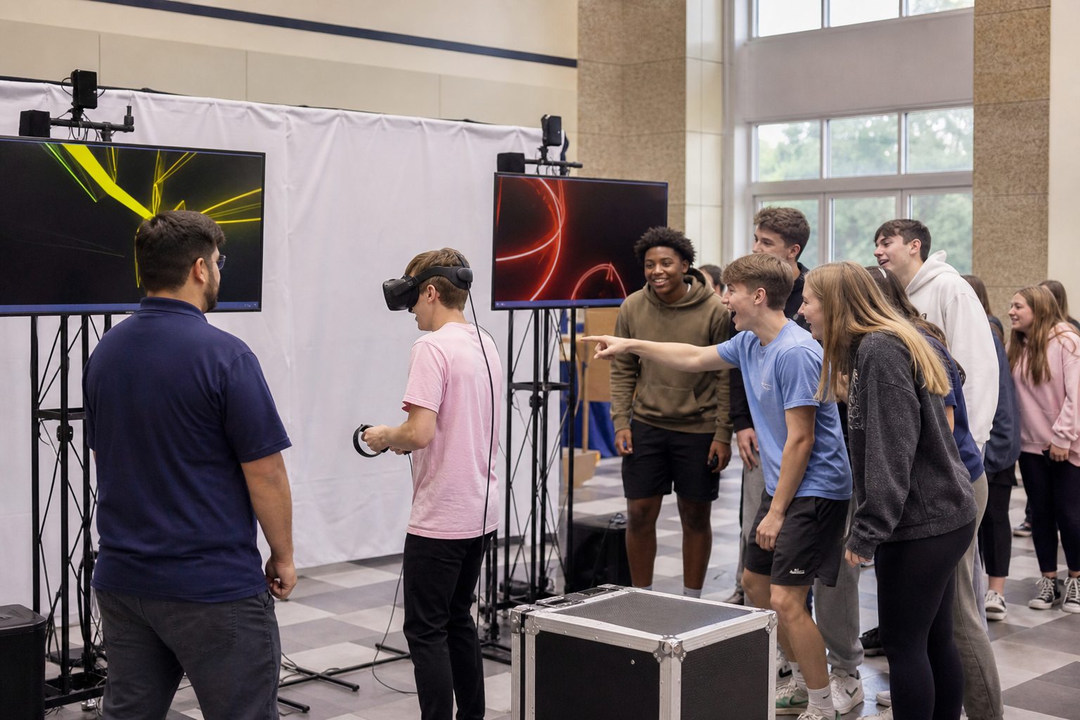 Students using a virtual reality station at a Blue Bell school event
