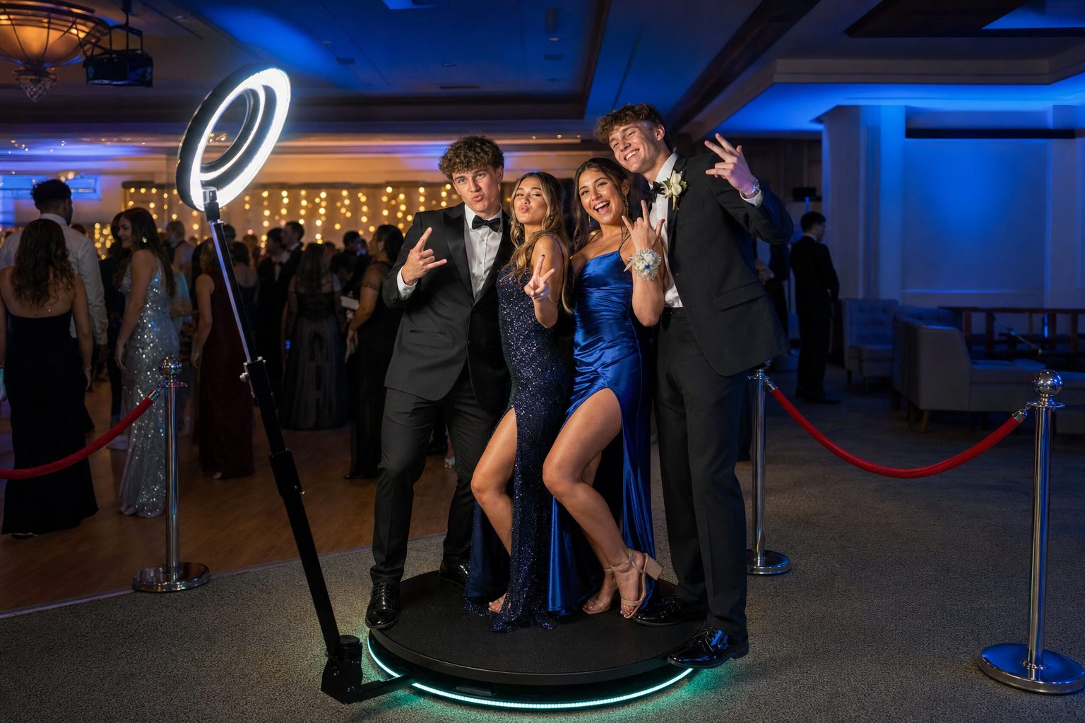 Friends in prom attire using a 360 video booth at a Blue Bell after-prom
