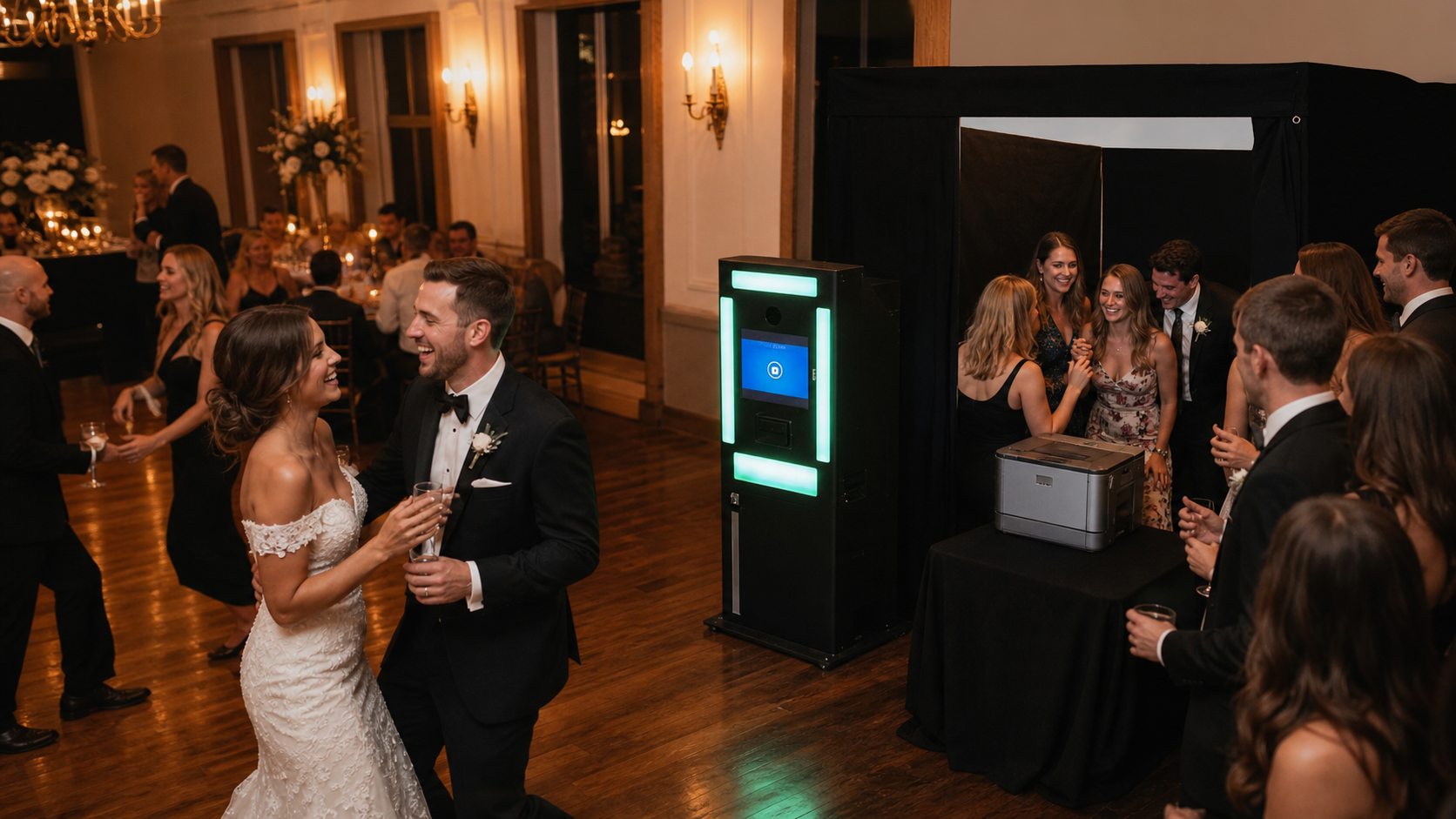 Guests using a large tent photo booth at a Blue Bell wedding reception