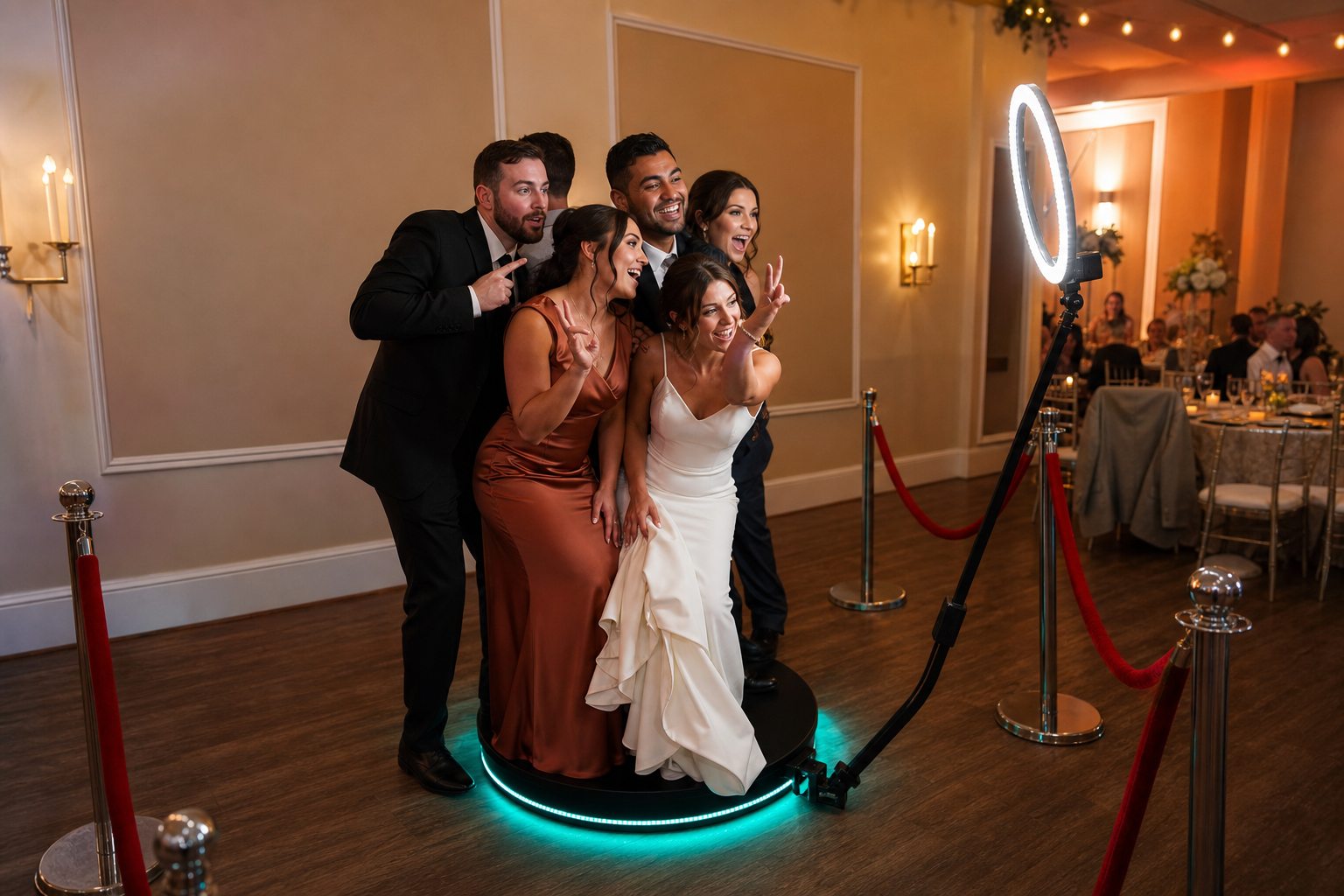 Bridal party using a 360 video photo booth at a Blue Bell Pennsylvania wedding