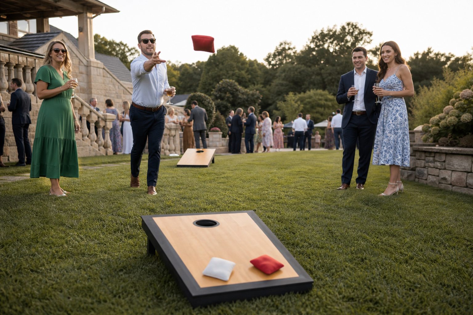Wedding guests playing cornhole during cocktail hour in Blue Bell