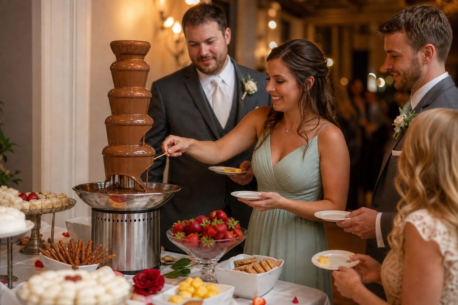 Guests enjoying a chocolate fountain at a Blue Bell wedding reception