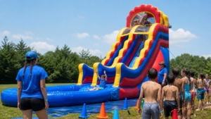 Campers using a supervised inflatable water slide at a Blue Bell summer camp