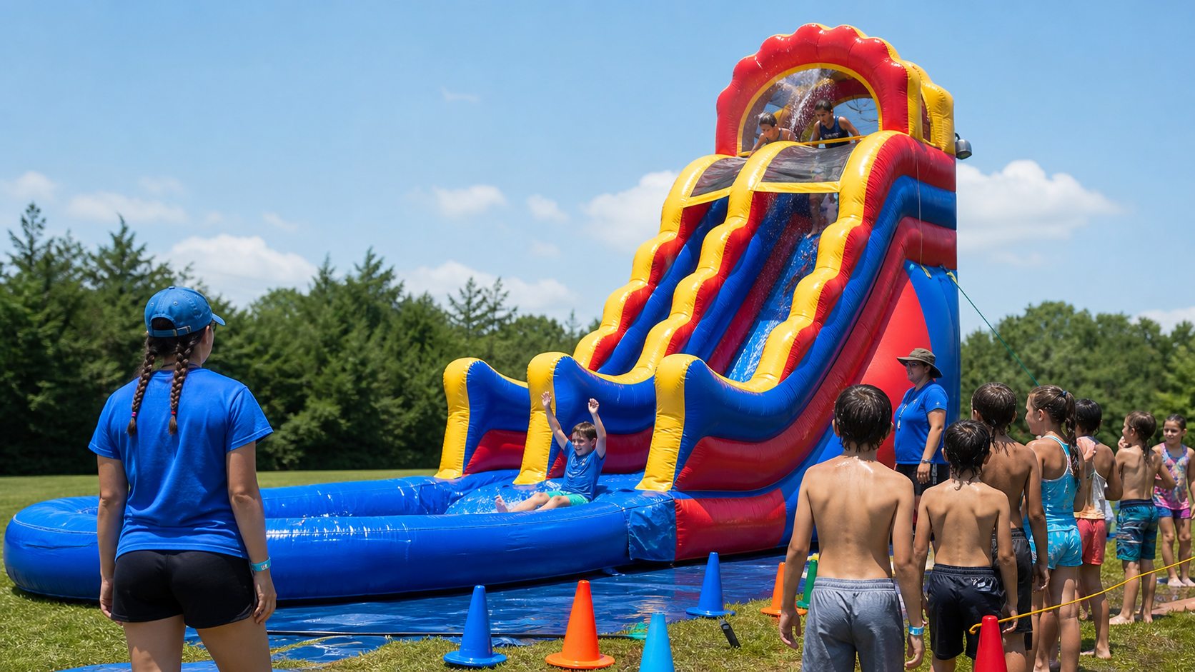 Campers using a supervised inflatable water slide at a Blue Bell summer camp
