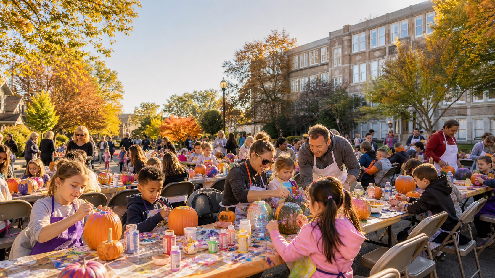 Families painting pumpkins at a Blue Bell Pennsylvania fall festival