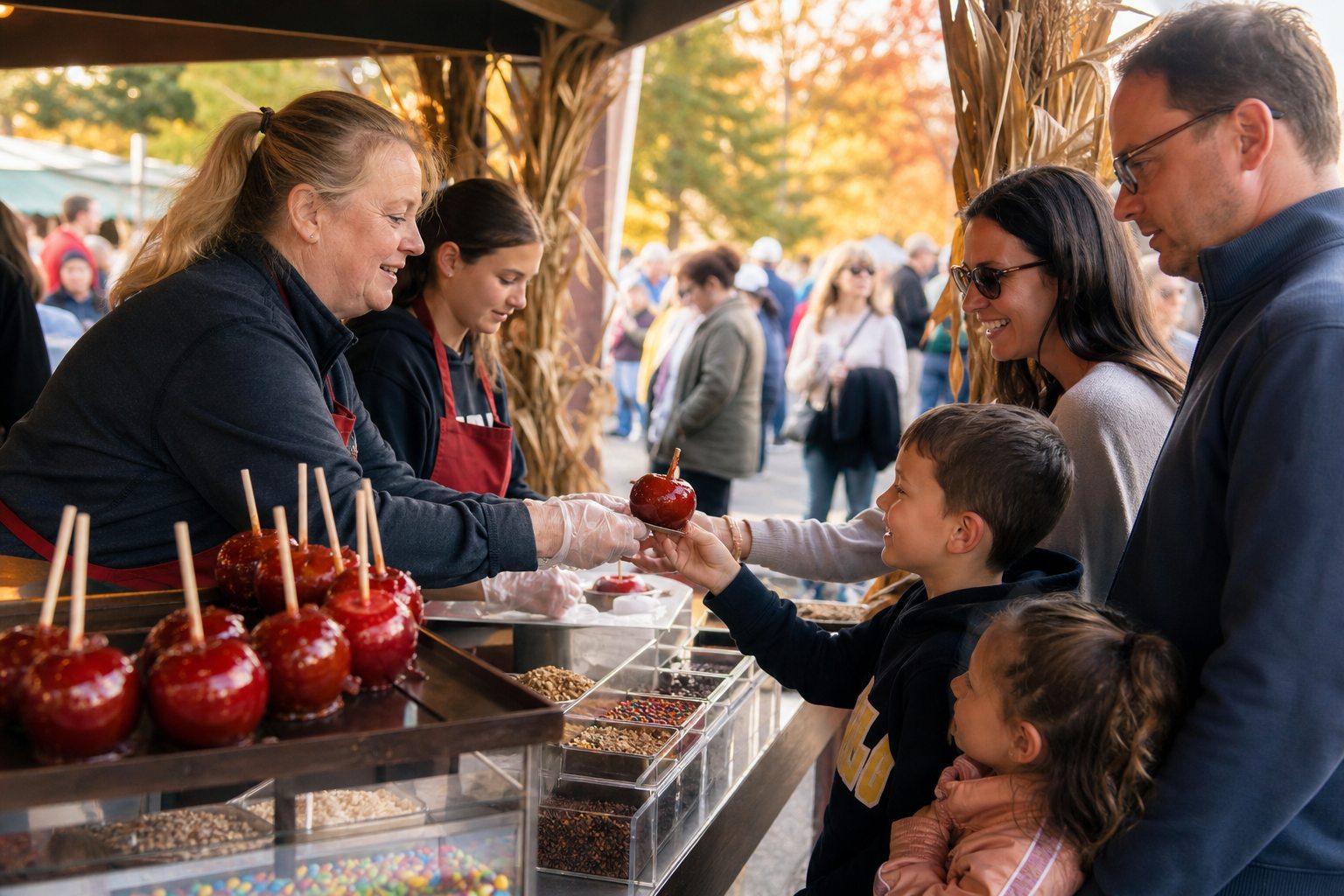 Caramel apples served to a family at a Blue Bell fall event