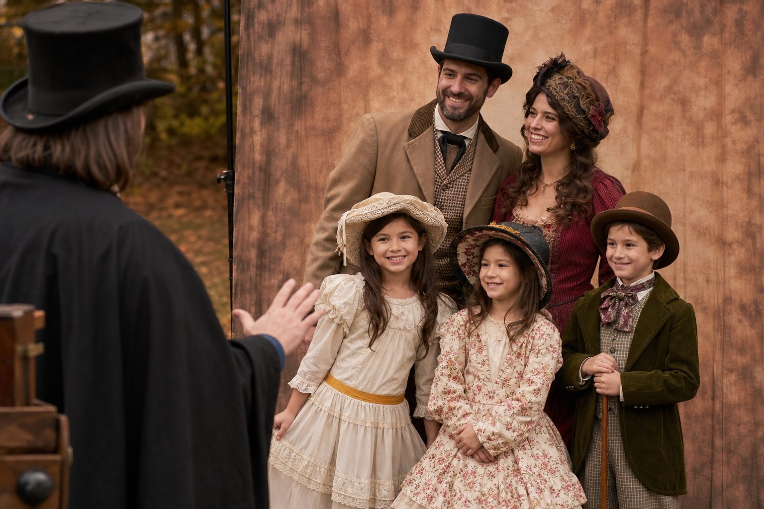 Family posing for an old-fashioned photo shoot at a Blue Bell festival