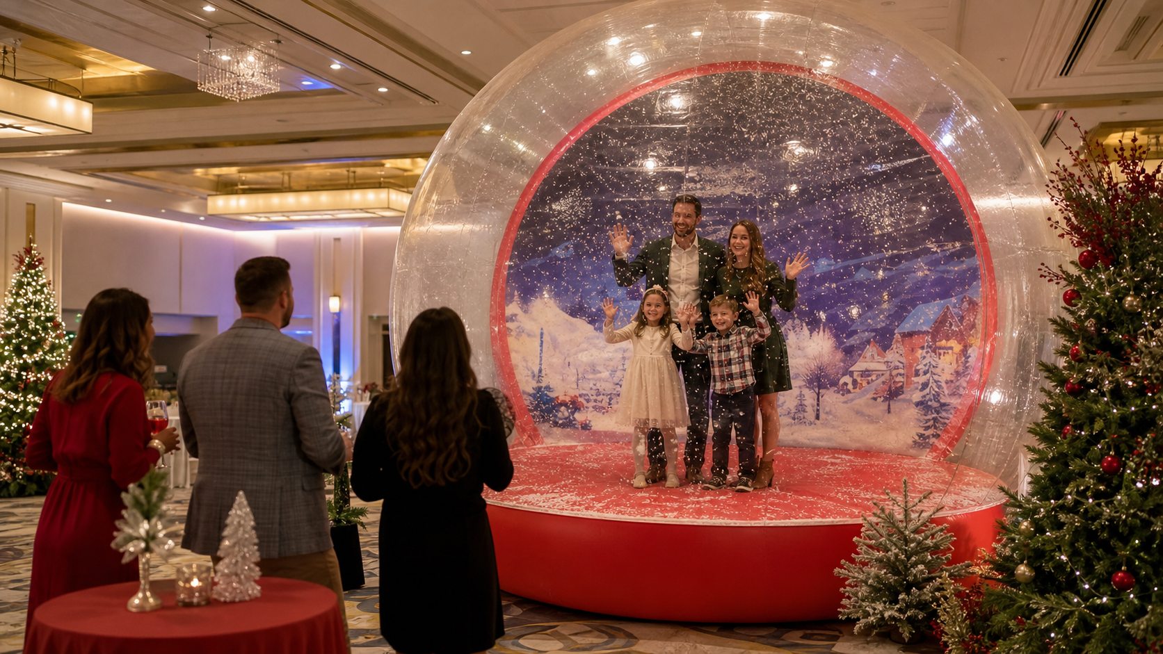 Family inside a giant inflatable snow globe at a Blue Bell holiday party