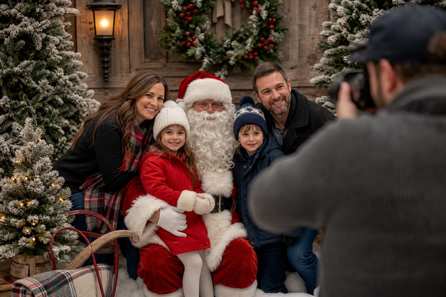 Family taking professional photos with Santa at a Blue Bell holiday event