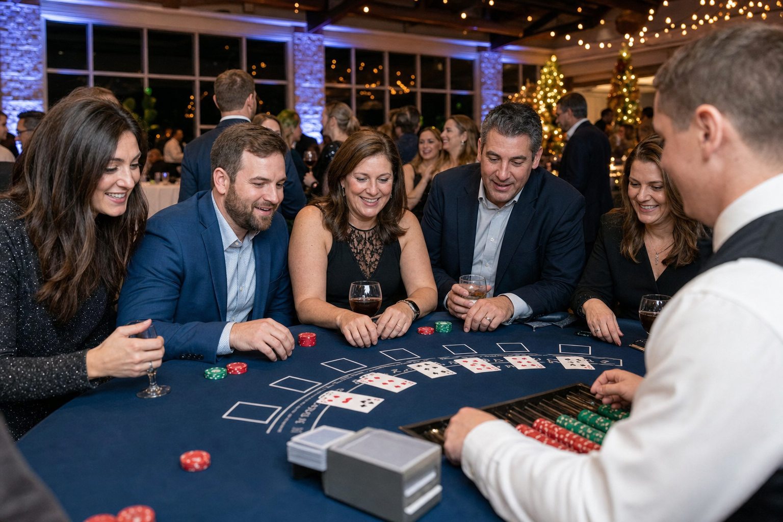 Adults playing blackjack at a Blue Bell company holiday party