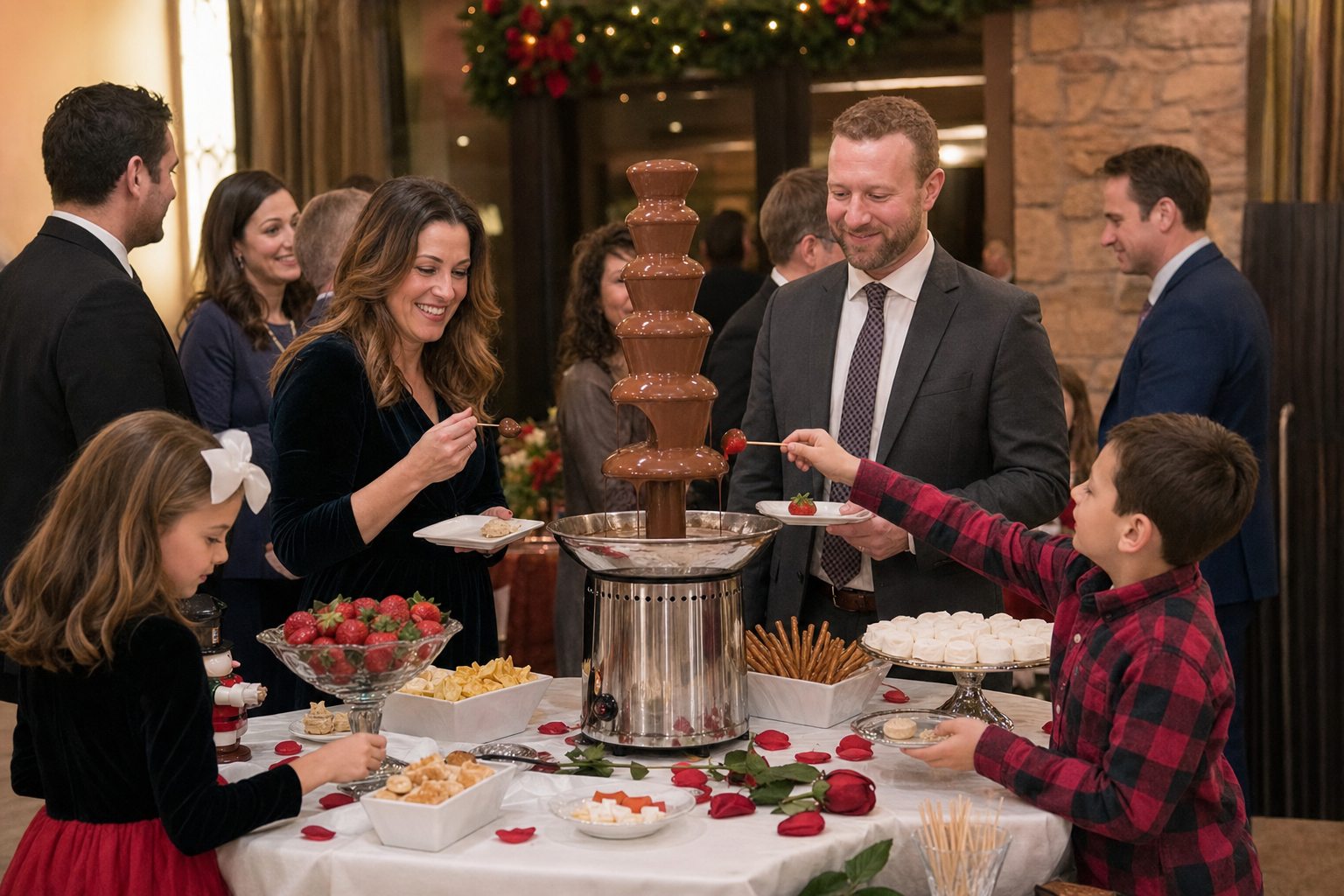 Families enjoying a chocolate fountain at a Blue Bell Pennsylvania holiday party
