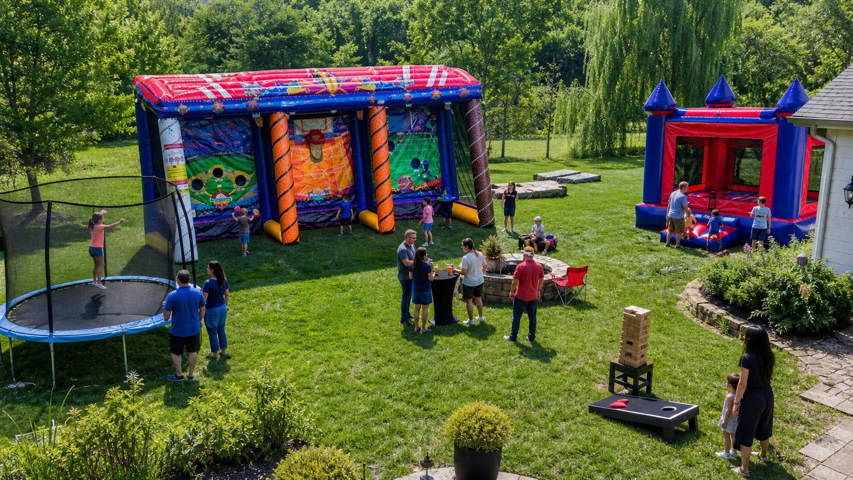 Balanced Blue Bell backyard party package with clearly spaced rental activity zones