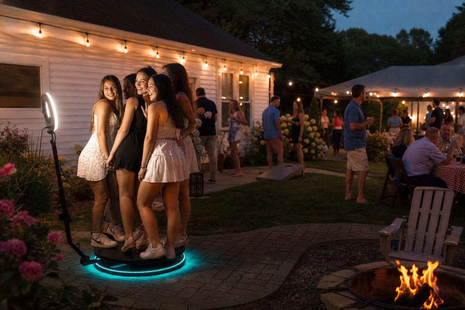 Guests using a 360 video booth as part of a Blue Bell party package