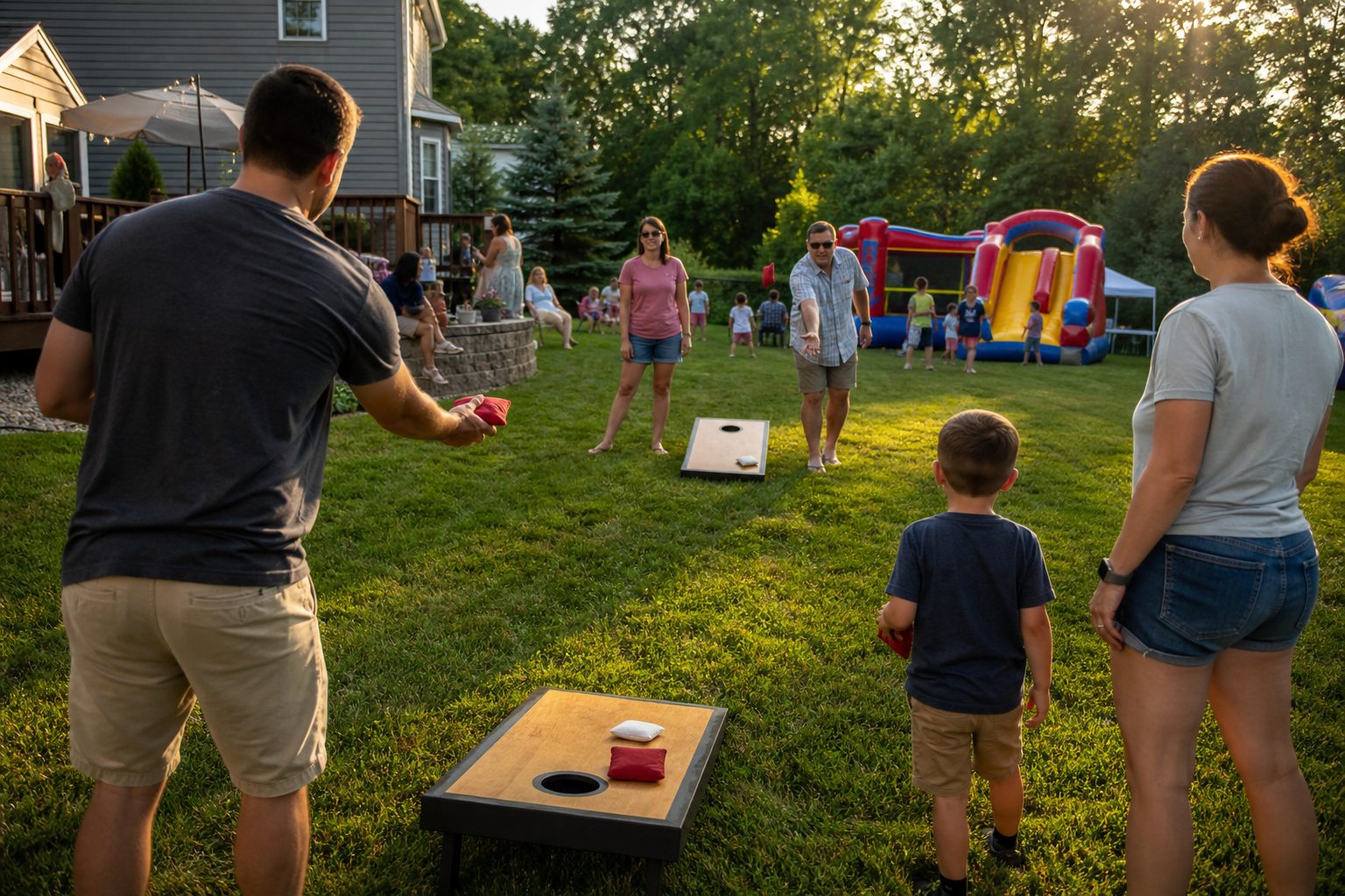 Families playing cornhole in a relaxed zone at a Blue Bell party