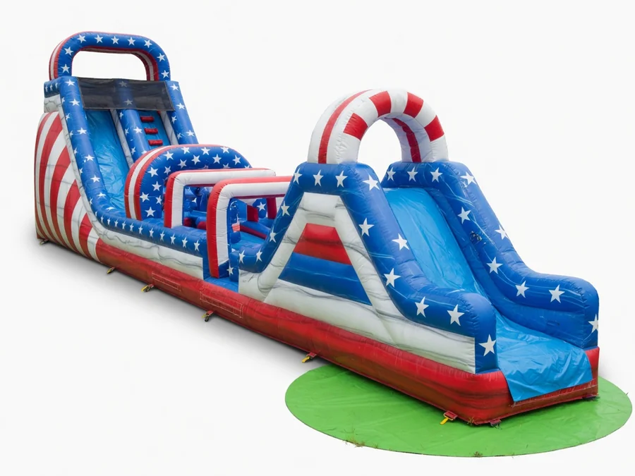 73 foot Patriotic obstacle run/ water slide obstacle course rentals option for Rock Hill, SC
