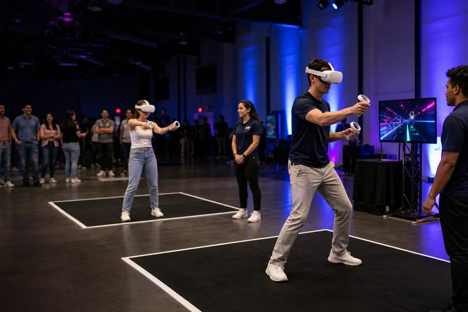 College students using a virtual reality station and arcade game at a Blue Bell event