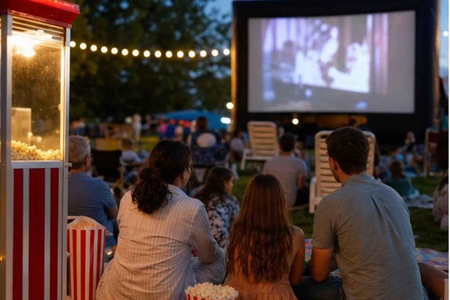 Families sitting on blankets and lawn chairs for a Blue Bell neighborhood movie night