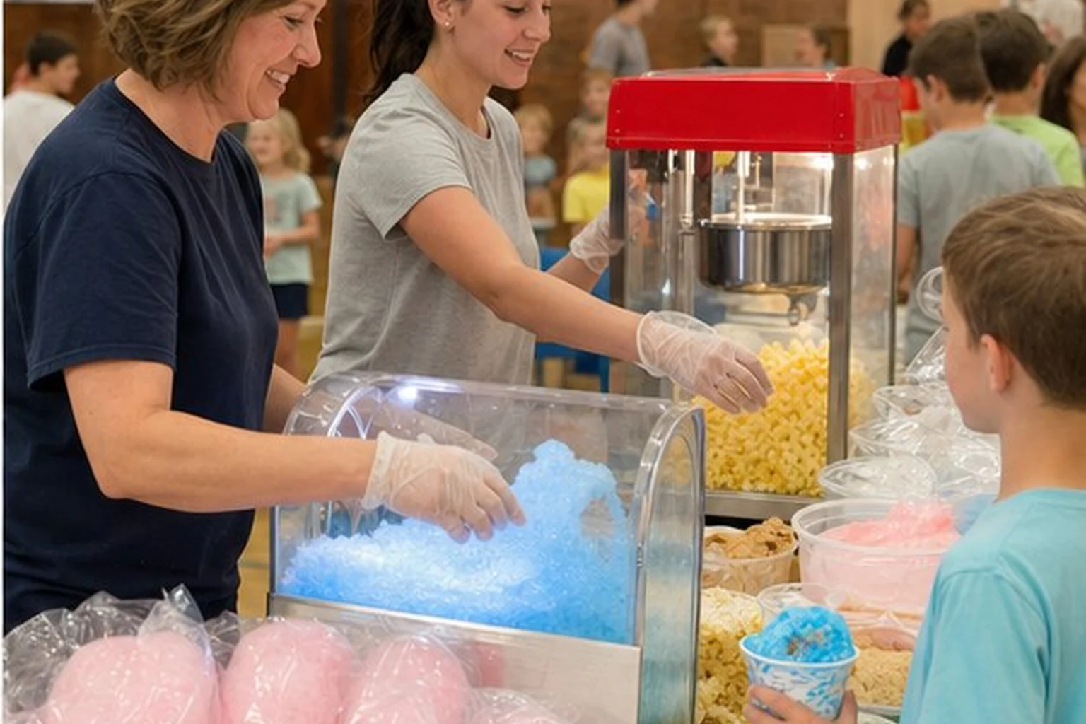 Popcorn concession booth serving families at a Blue Bell PTO fundraiser