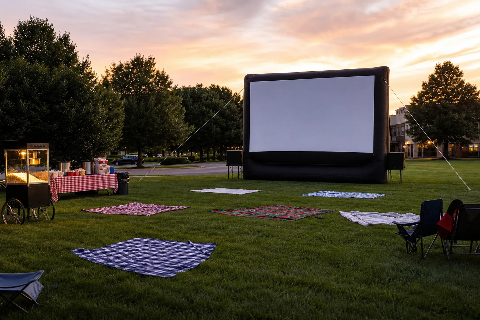 Outdoor inflatable movie screen set up on a Blue Bell PA community lawn before guests arrive