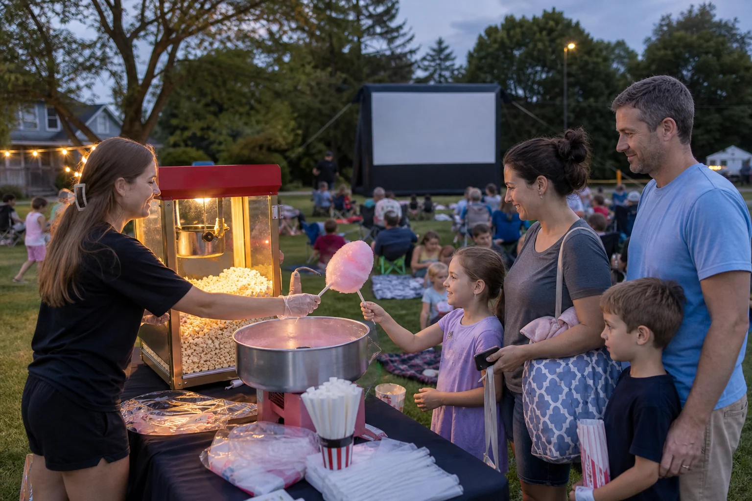 Popcorn and cotton candy station serving families at a Blue Bell outdoor movie night